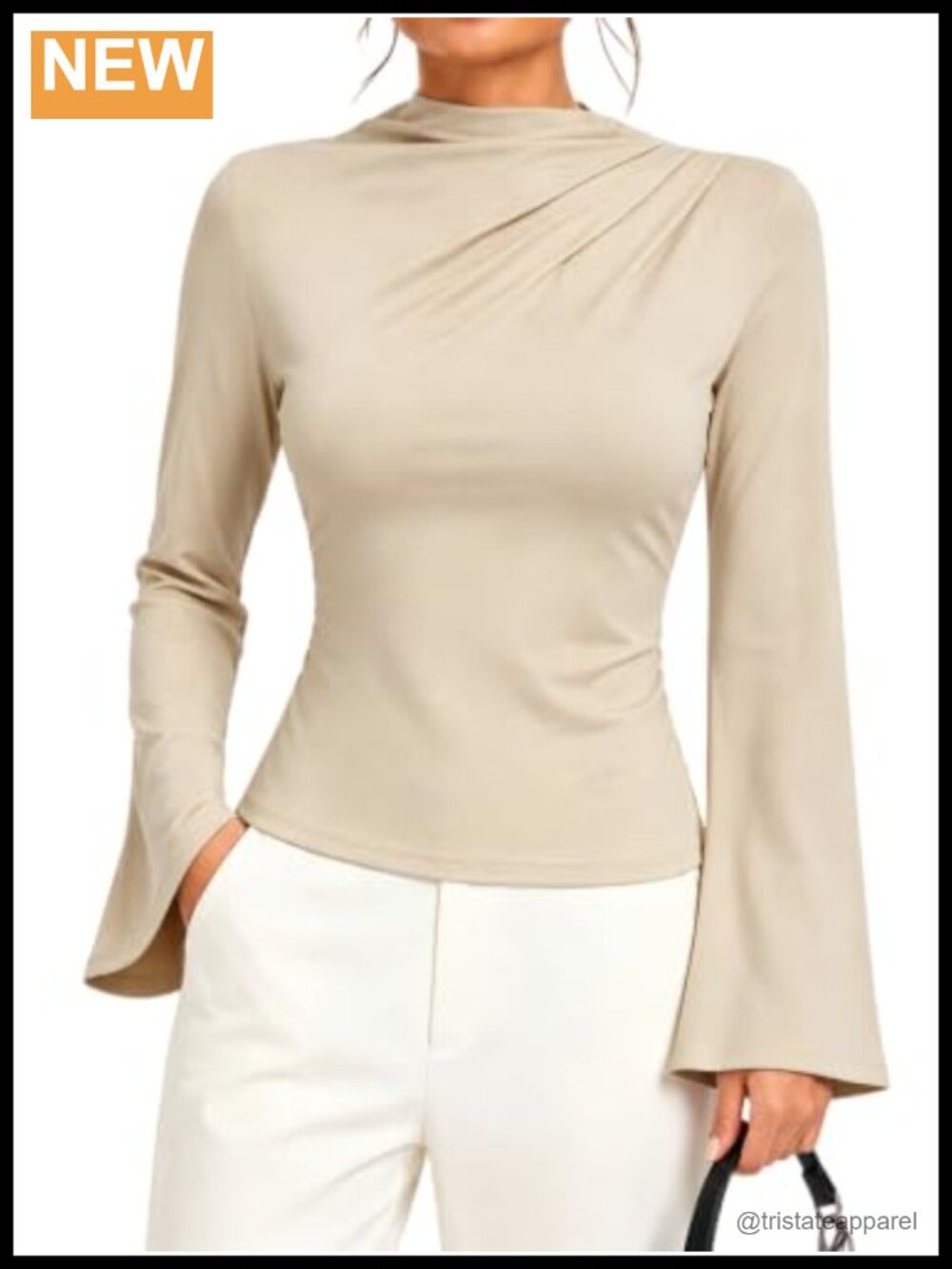 Womens Long Bell Sleeve Asymmetrical Mock Neck Blouse
